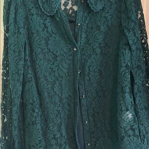Cable & Gauge Green Embellished Long Sleeve Blouse with Peter Pan Collar
